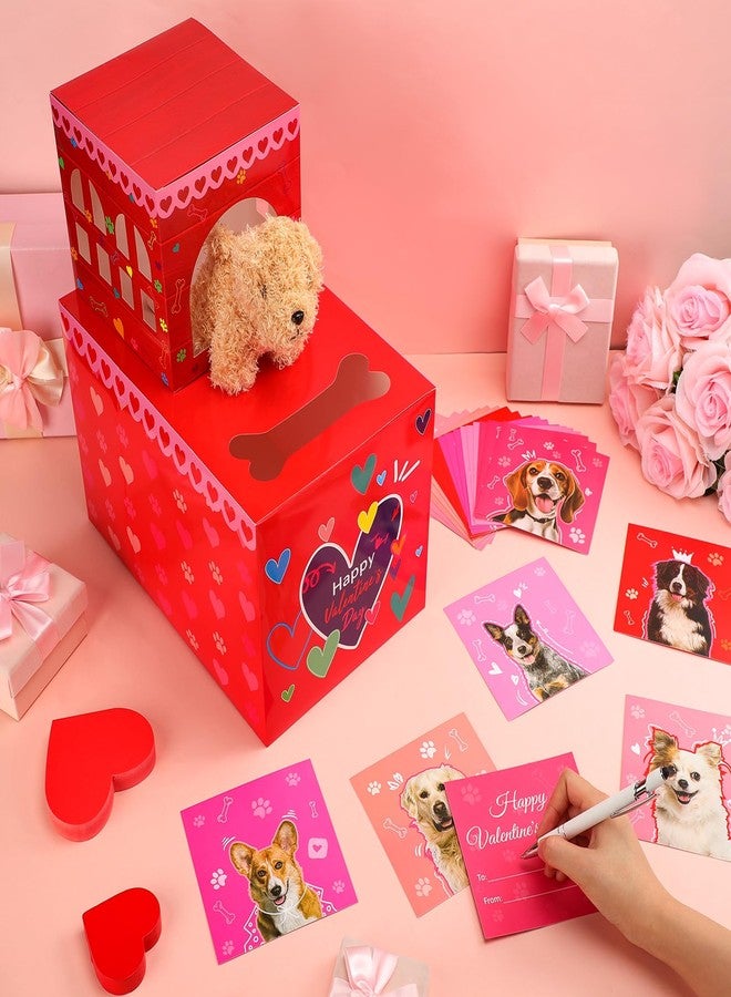 Leitee 2 Pcs DIY Valentines Mailbox Craft with 24pcs Valentines Greeting Puppy Doll Valentine‘s Day Card Exchange Dog Puppy Mailbox for Classroom Exchange Gift Game Valentine‘s Day School Party Favors - Image 3